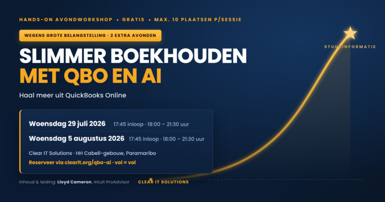 Workshop Slimmer boekhouden met QBO en AI – twee extra avonden op woensdag 29 juli en woensdag 5 augustus 2026 bij Clear IT Solutions in Paramaribo