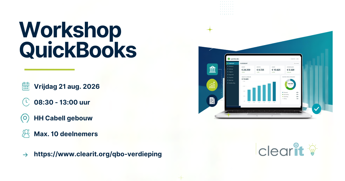 Workshop QuickBooks Online Verdieping van Clear IT Solutions, vrijdag 21 augustus 2026, 08:30-13:00 uur, HH Cabell-gebouw Paramaribo, maximaal 10 deelnemers